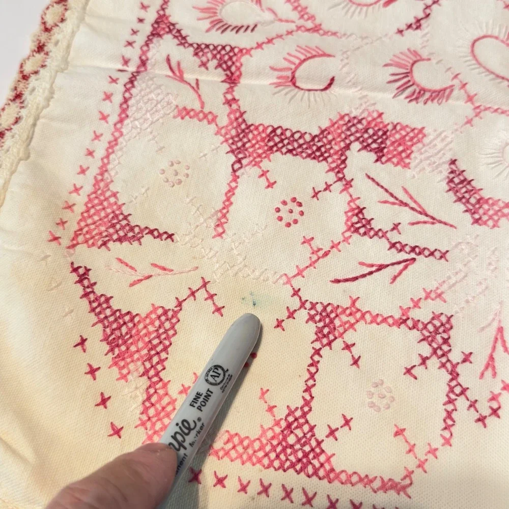 Vintage Handmade Peacock Table Runner Cross Stitch Embroidery Cottagecore Farm